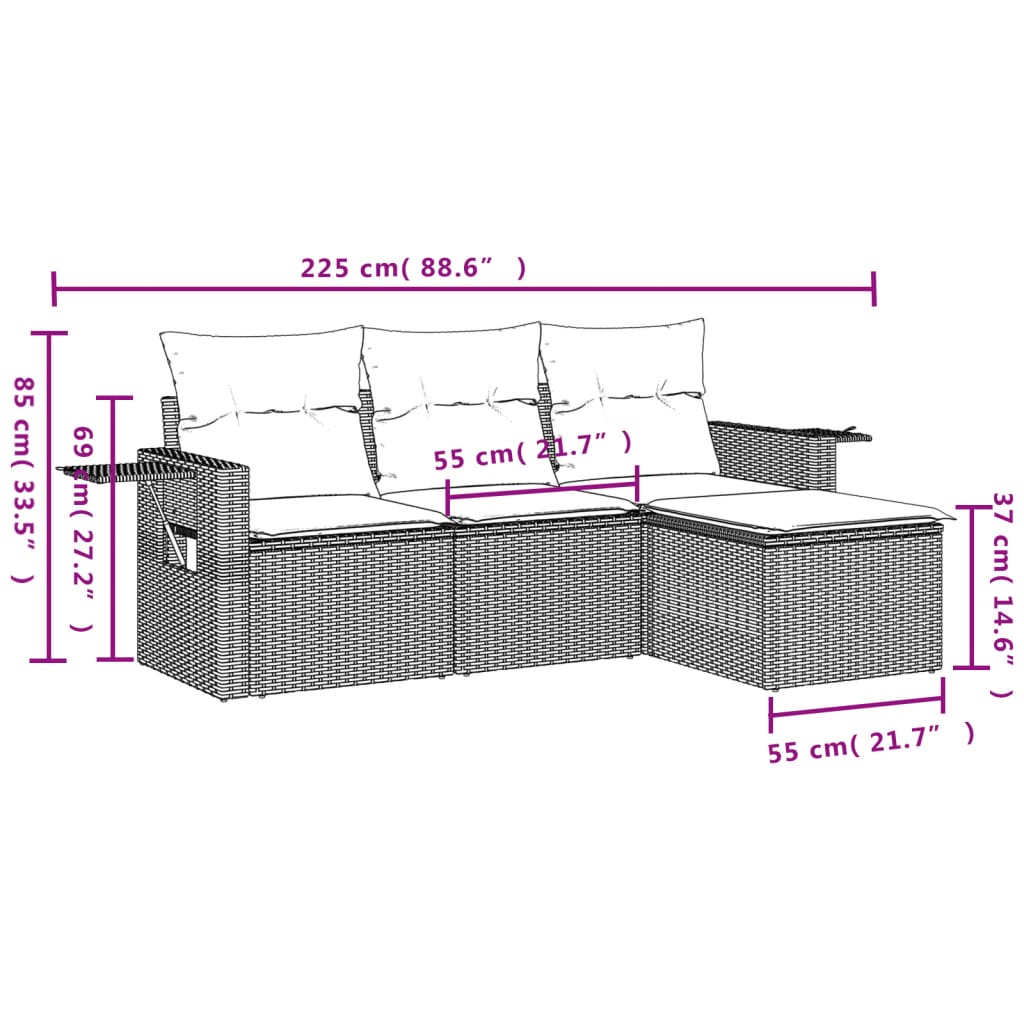 4-Delige Loungeset Met Kussens Poly Rattan Grijs