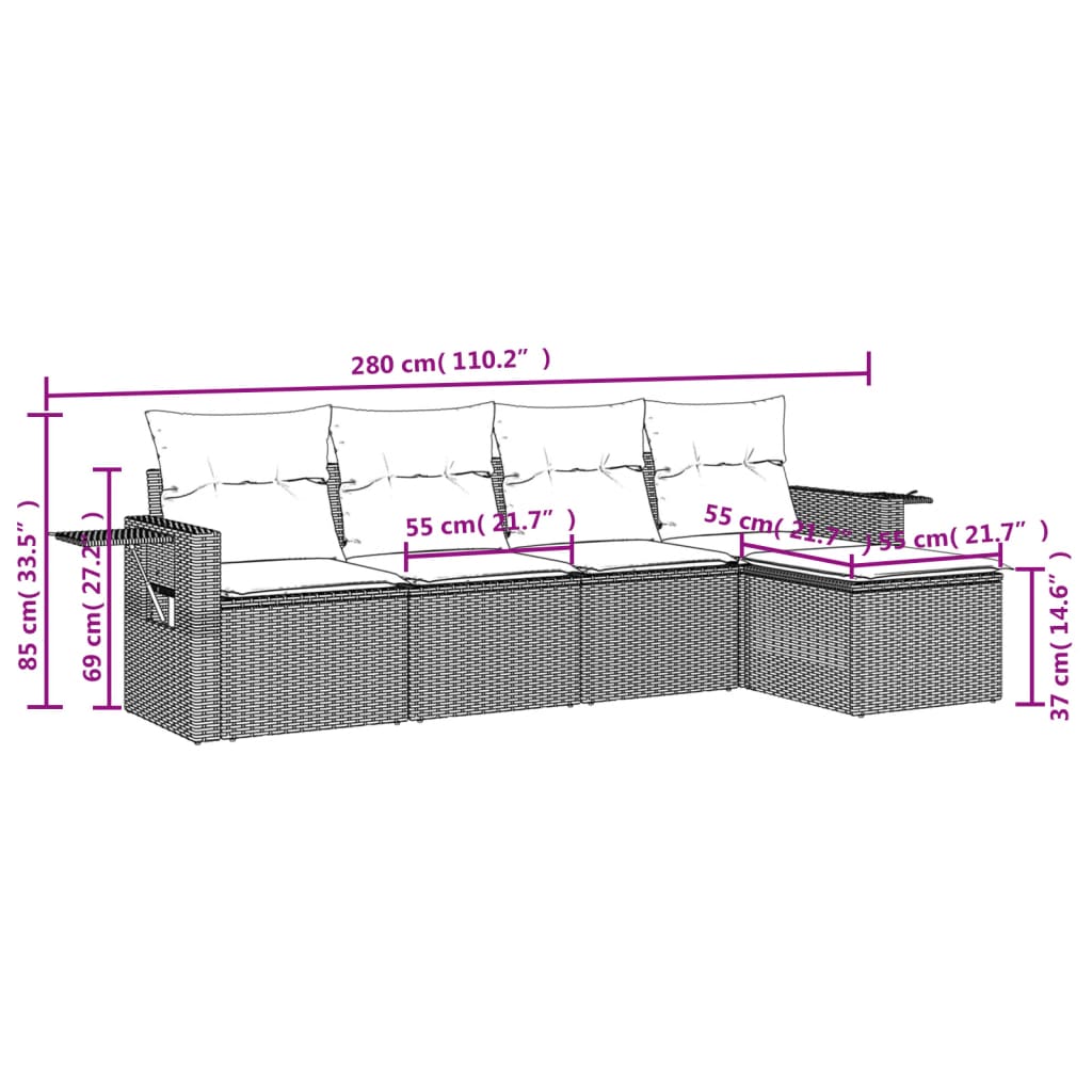5-Delige Loungeset Met Kussens Poly Rattan Grijs