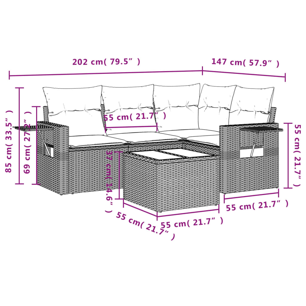 5-Delige Loungeset Met Kussens Poly Rattan Zwart