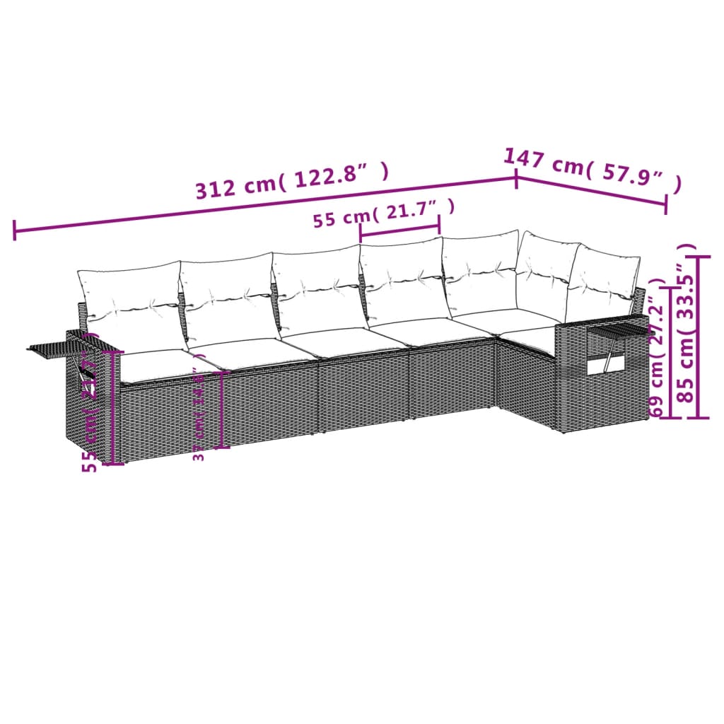 6-Delige Loungeset Met Kussens Poly Rattan Grijs