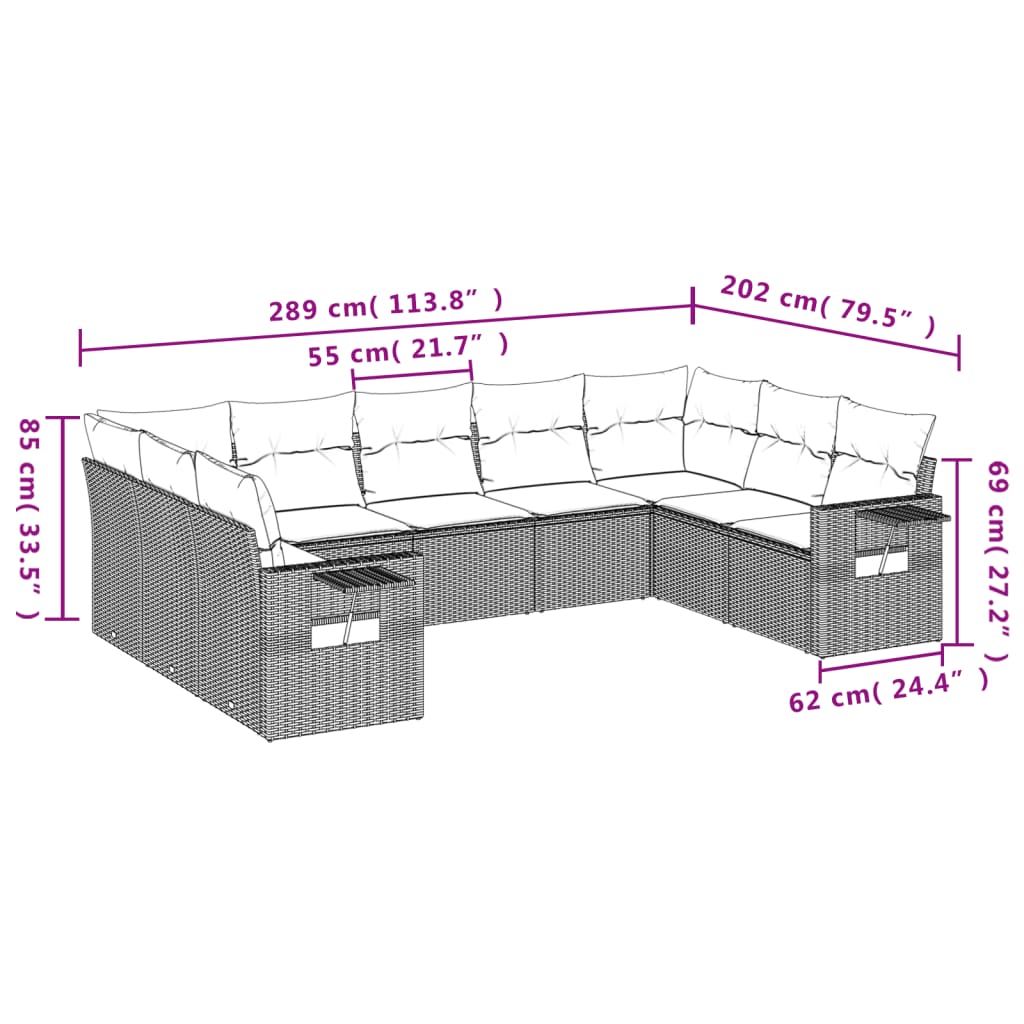 9-Delige Loungeset Met Kussens Poly Rattan Grijs