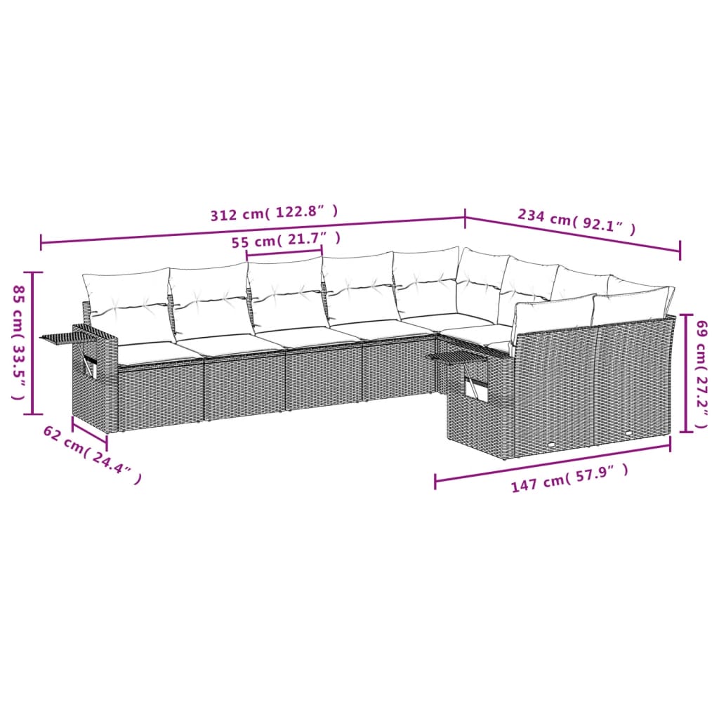 9-Delige Loungeset Met Kussens Poly Rattan Beige