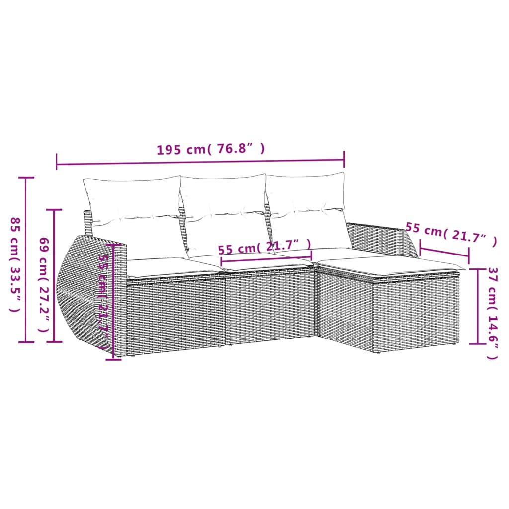 4-Delige Loungeset Met Kussens Poly Rattan Grijs