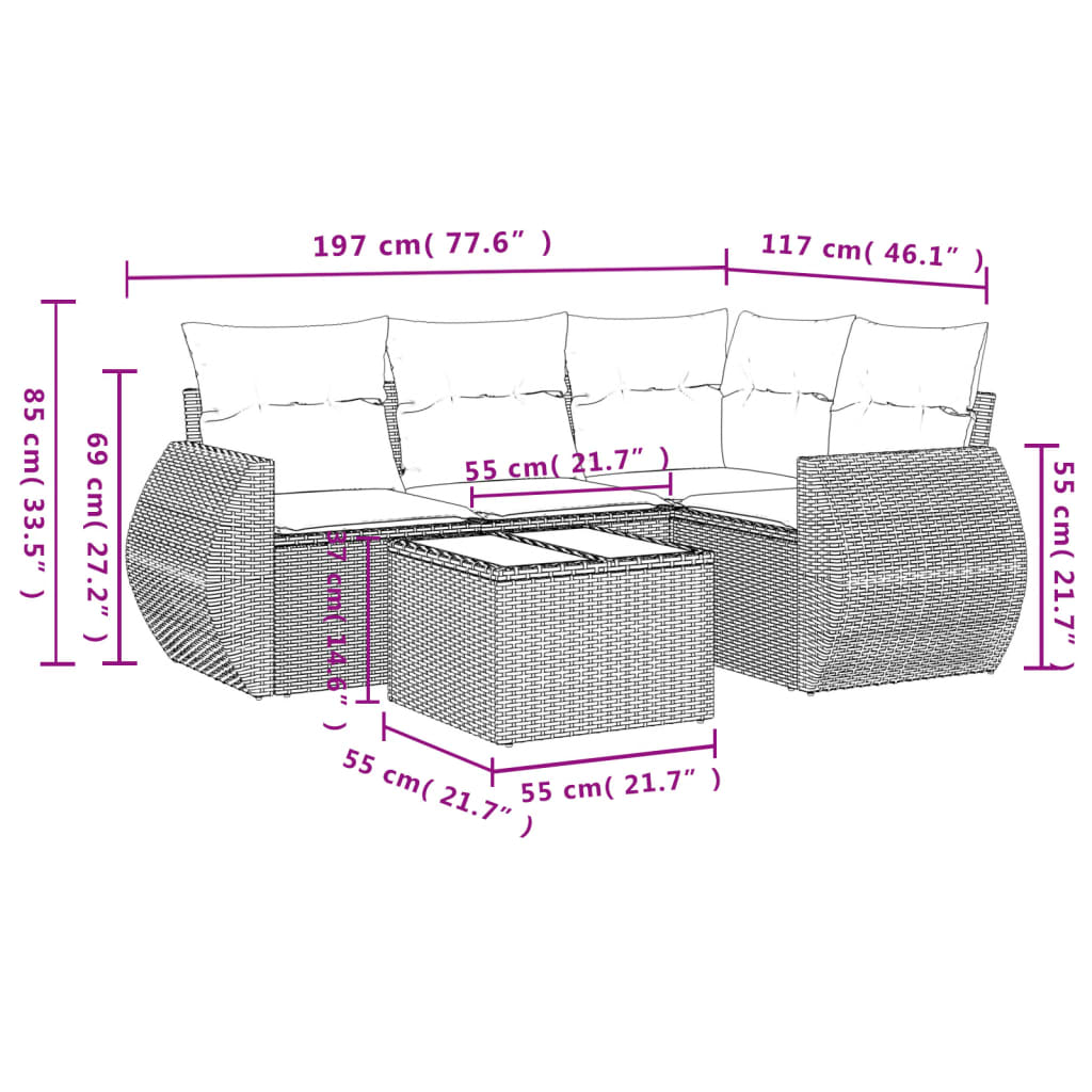 5-Delige Loungeset Met Kussens Poly Rattan Grijs