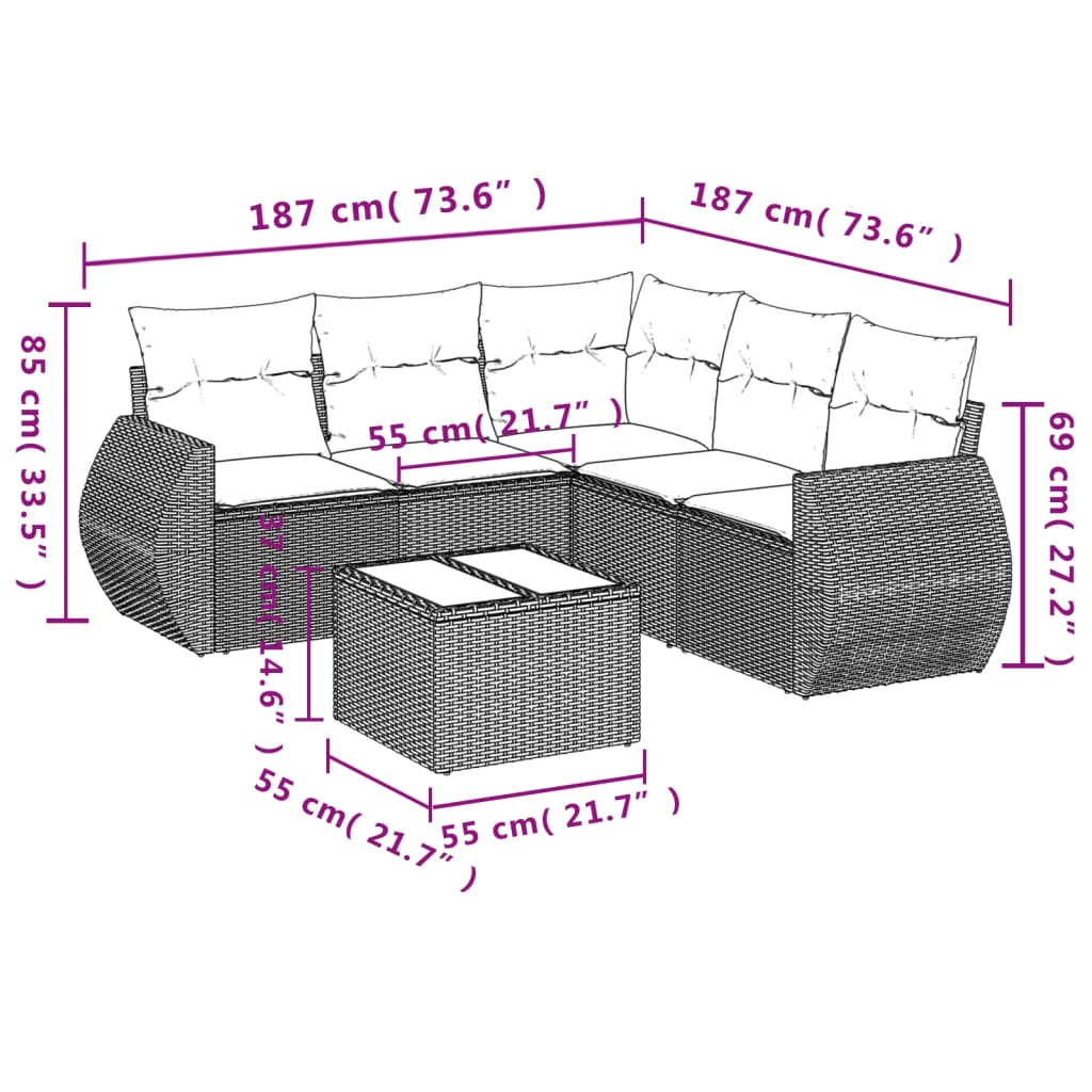 6-Delige Loungeset Met Kussens Poly Rattan Grijs