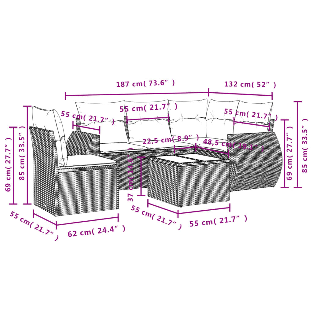 6-Delige Loungeset Met Kussens Poly Rattan Grijs