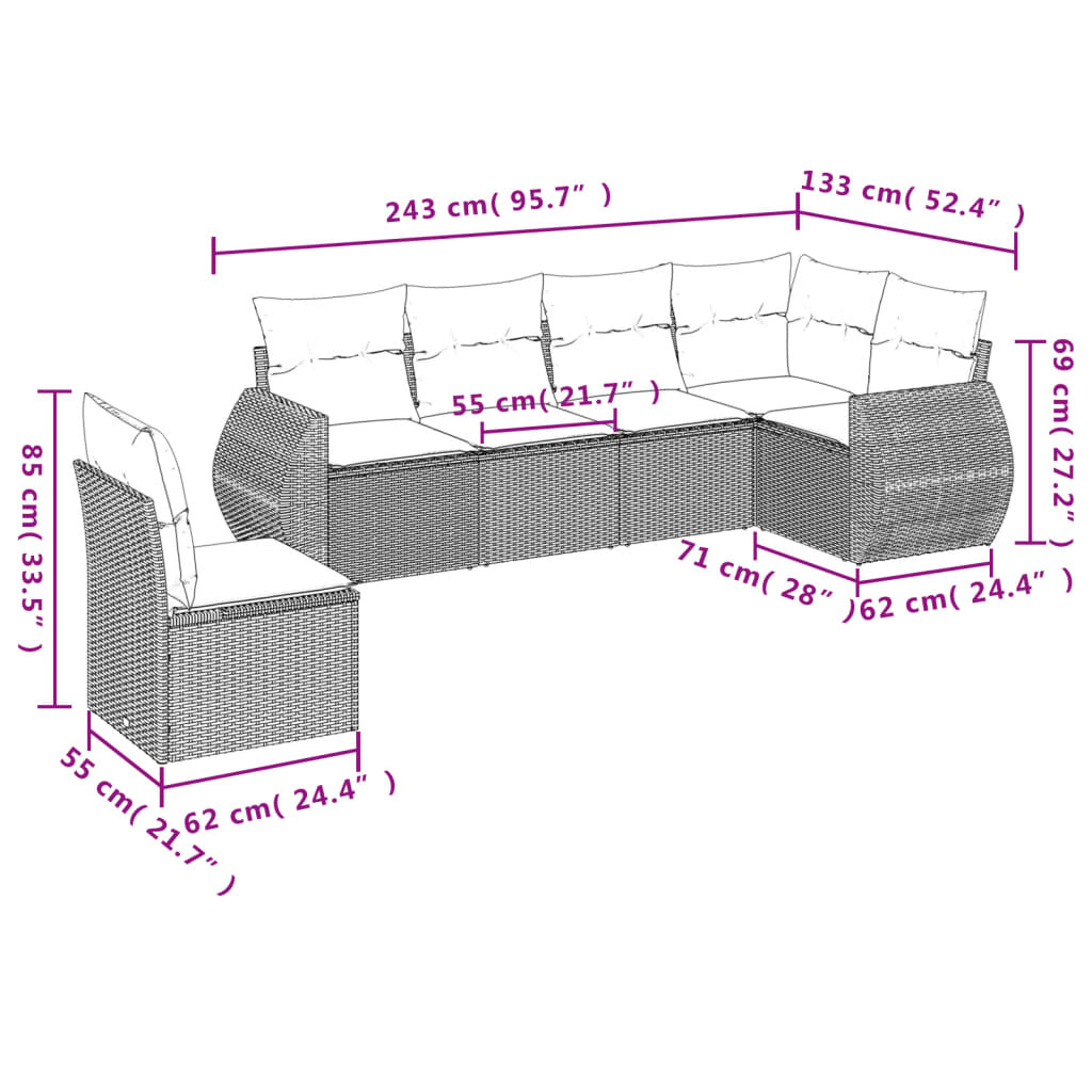 6-Delige Loungeset Met Kussens Poly Rattan Grijs