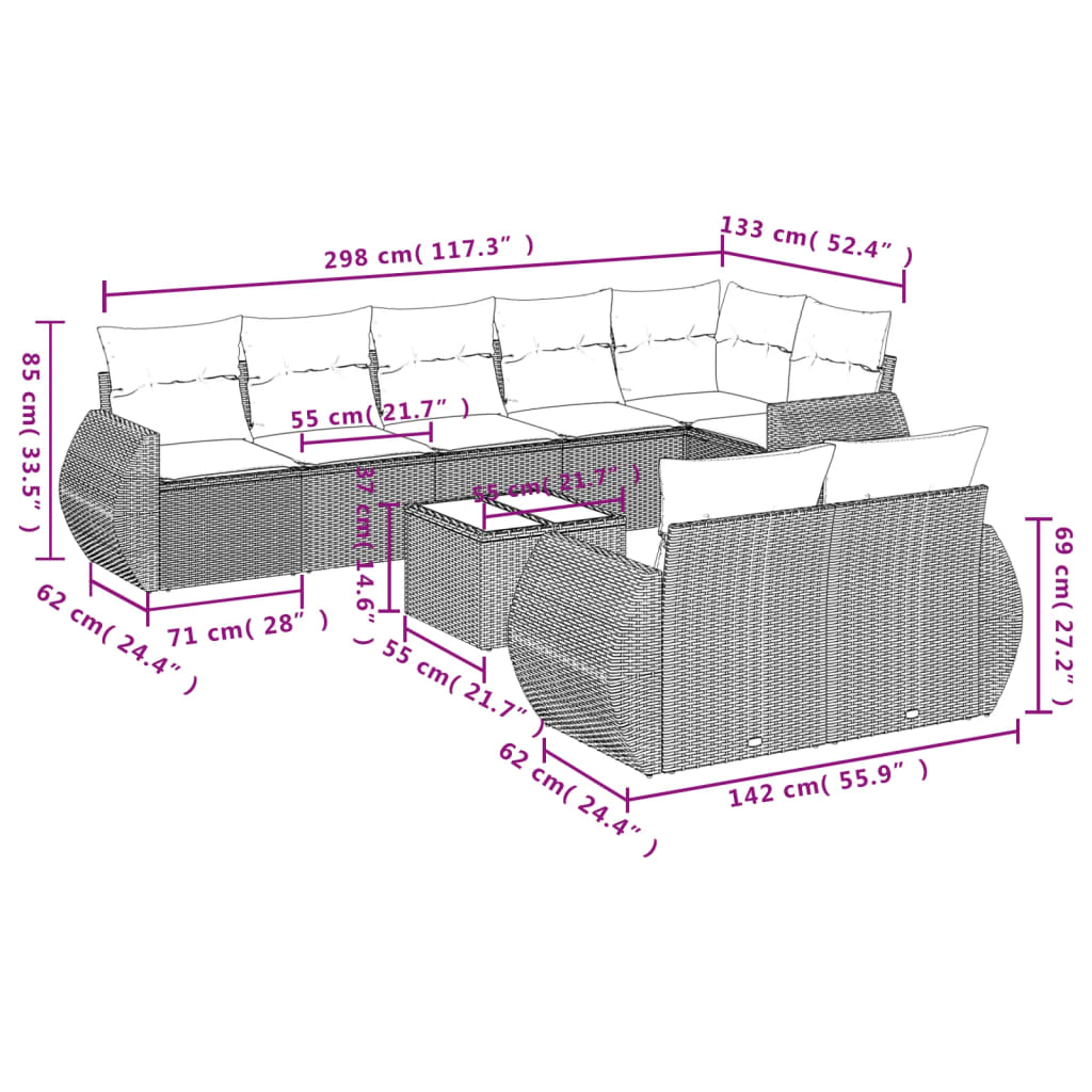 9-Delige Loungeset Met Kussens Poly Rattan Zwart