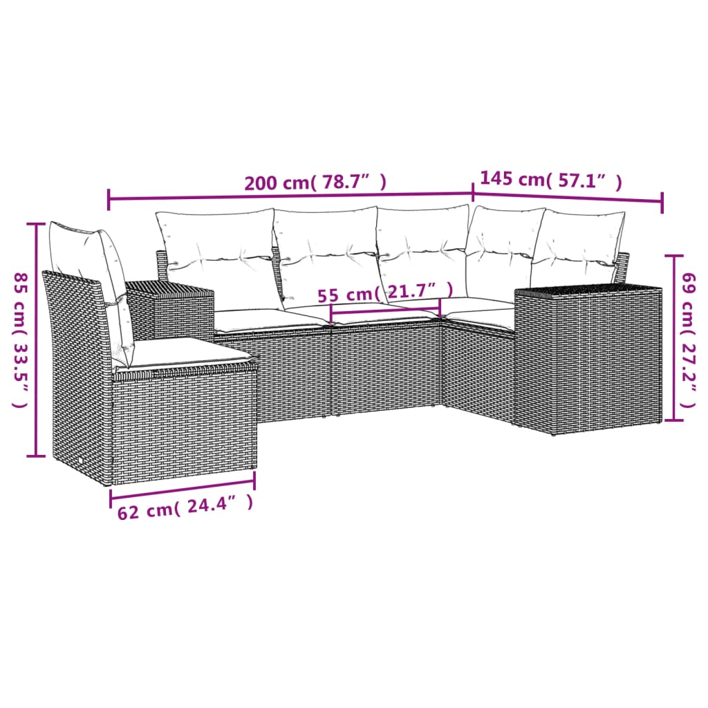 5-Delige Loungeset Met Kussens Poly Rattan Grijs