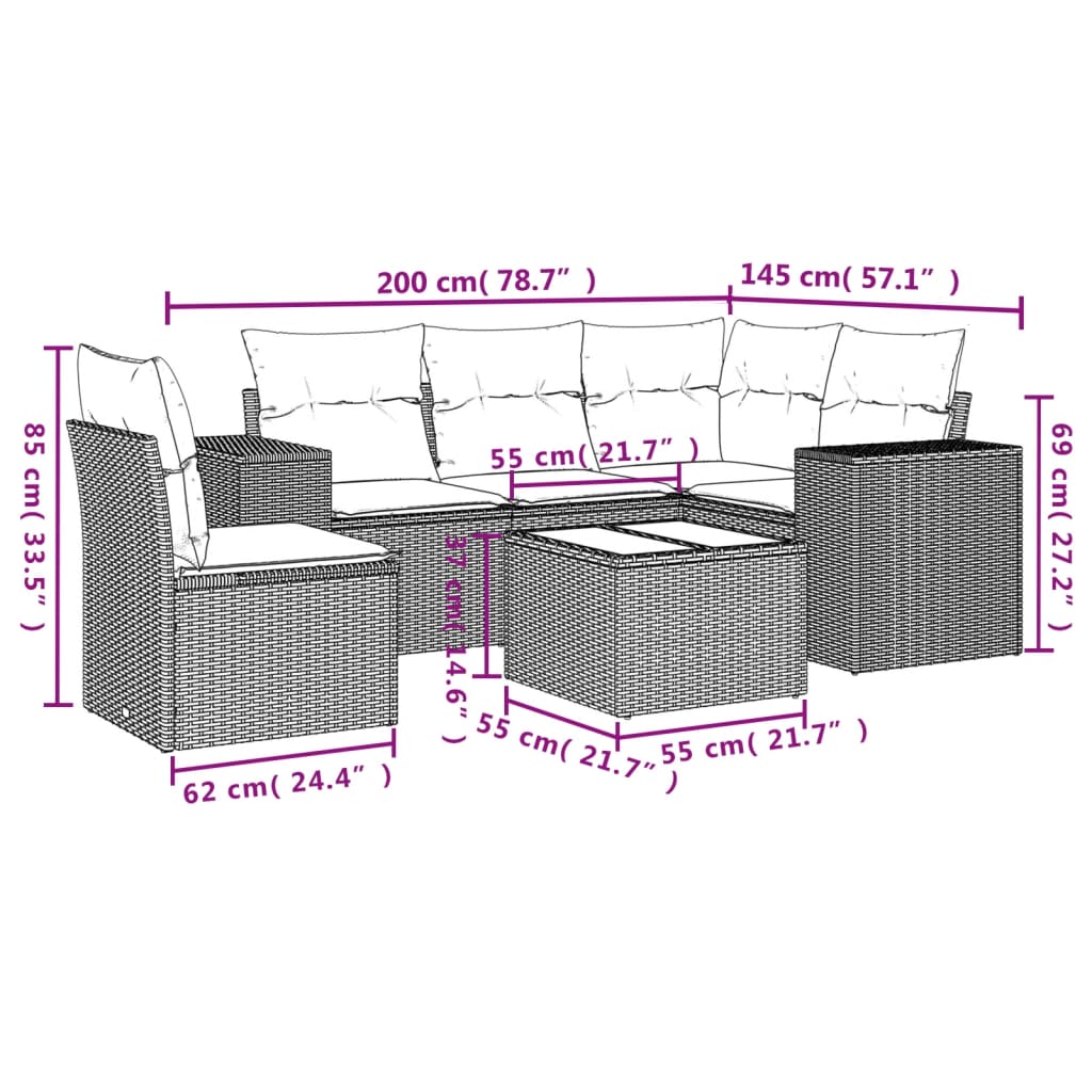 6-Delige Loungeset Met Kussens Poly Rattan Grijs