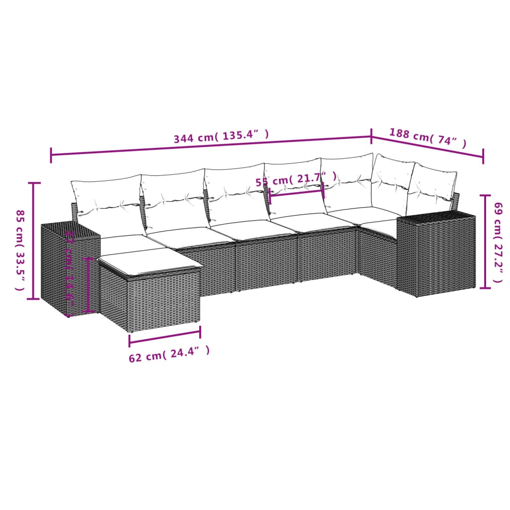 7-Delige Loungeset Met Kussens Poly Rattan Grijs