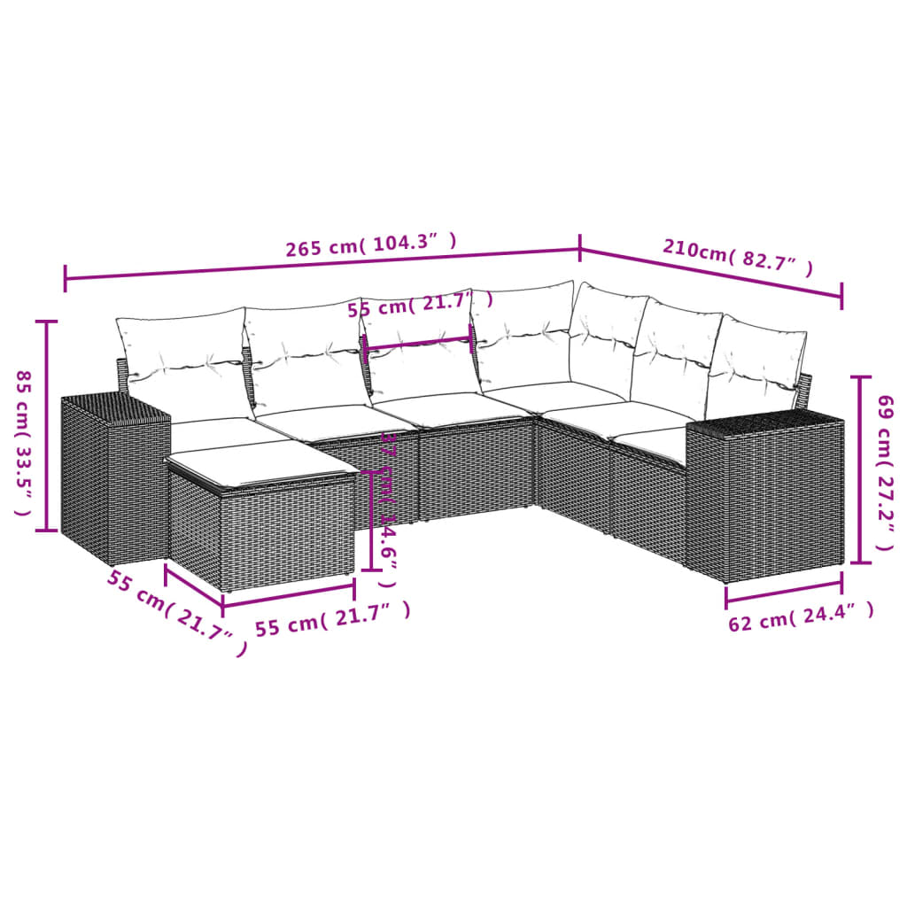 7-Delige Loungeset Met Kussens Poly Rattan Grijs