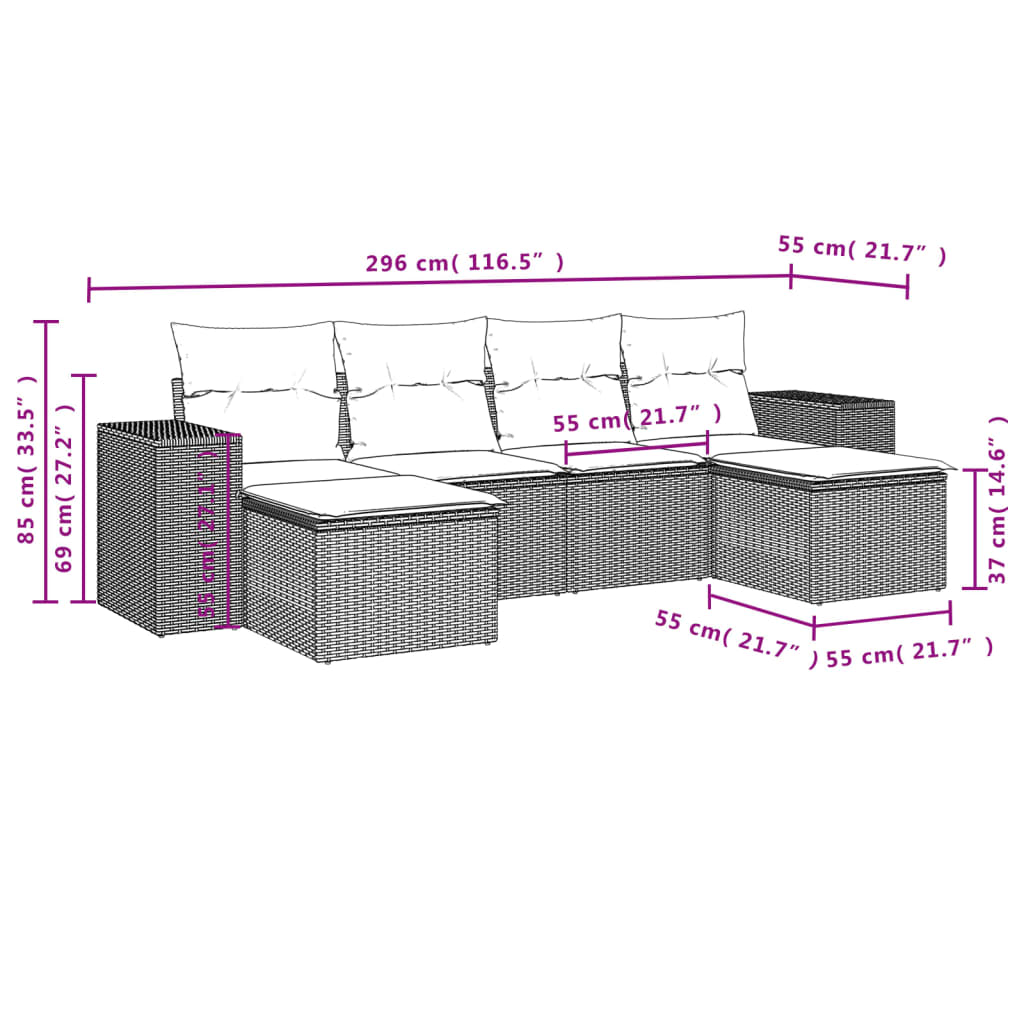 6-Delige Loungeset Met Kussens Poly Rattan Grijs