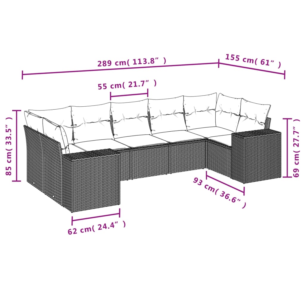 7-Delige Loungeset Met Kussens Poly Rattan Grijs