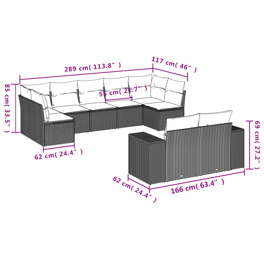 9-Delige Loungeset Met Kussens Poly Rattan Grijs