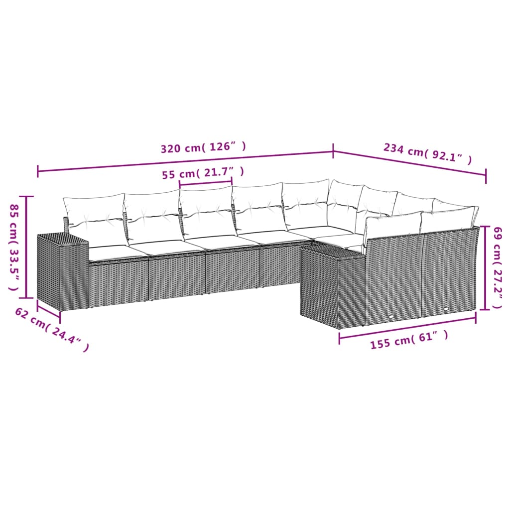 9-Delige Loungeset Met Kussens Poly Rattan Zwart