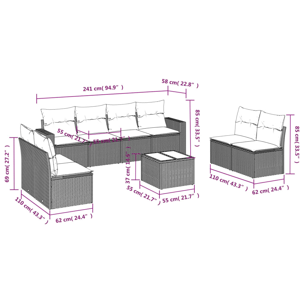 9-Delige Loungeset Met Kussens Poly Rattan Zwart