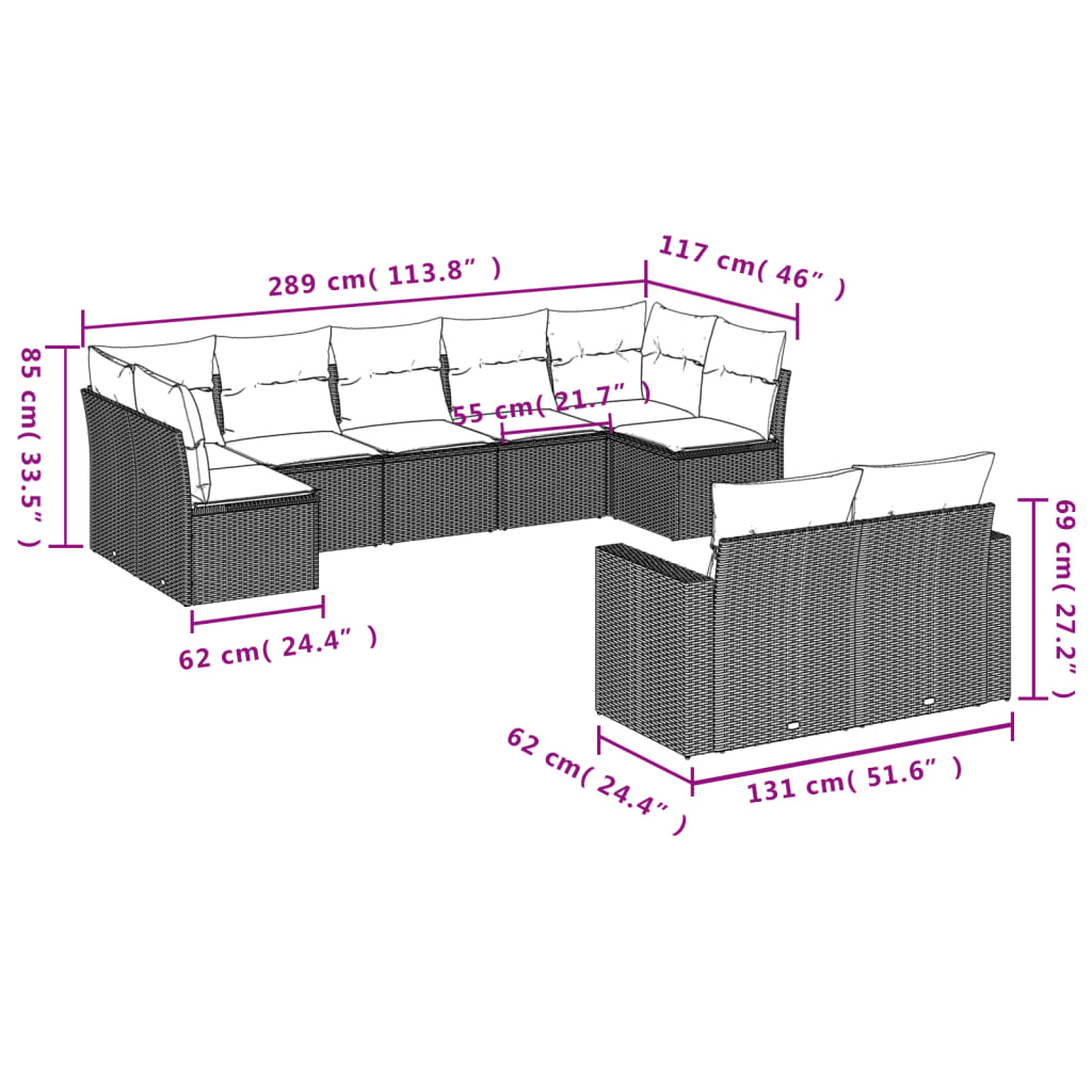 9-Delige Loungeset Met Kussens Poly Rattan Beige
