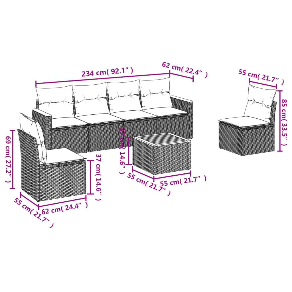 7-Delige Loungeset Met Kussens Poly Rattan Grijs