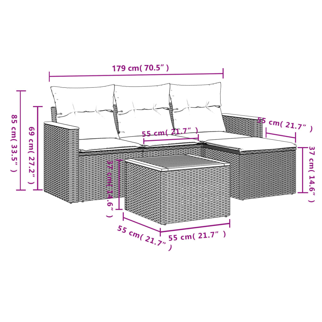 5-Delige Loungeset Met Kussens Poly Rattan Grijs