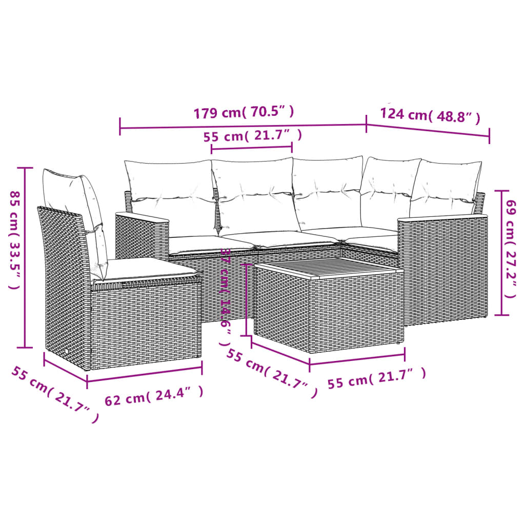 6-Delige Loungeset Met Kussens Poly Rattan Grijs