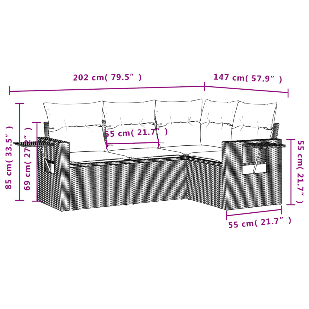 4-Delige Loungeset Met Kussens Poly Rattan Grijs