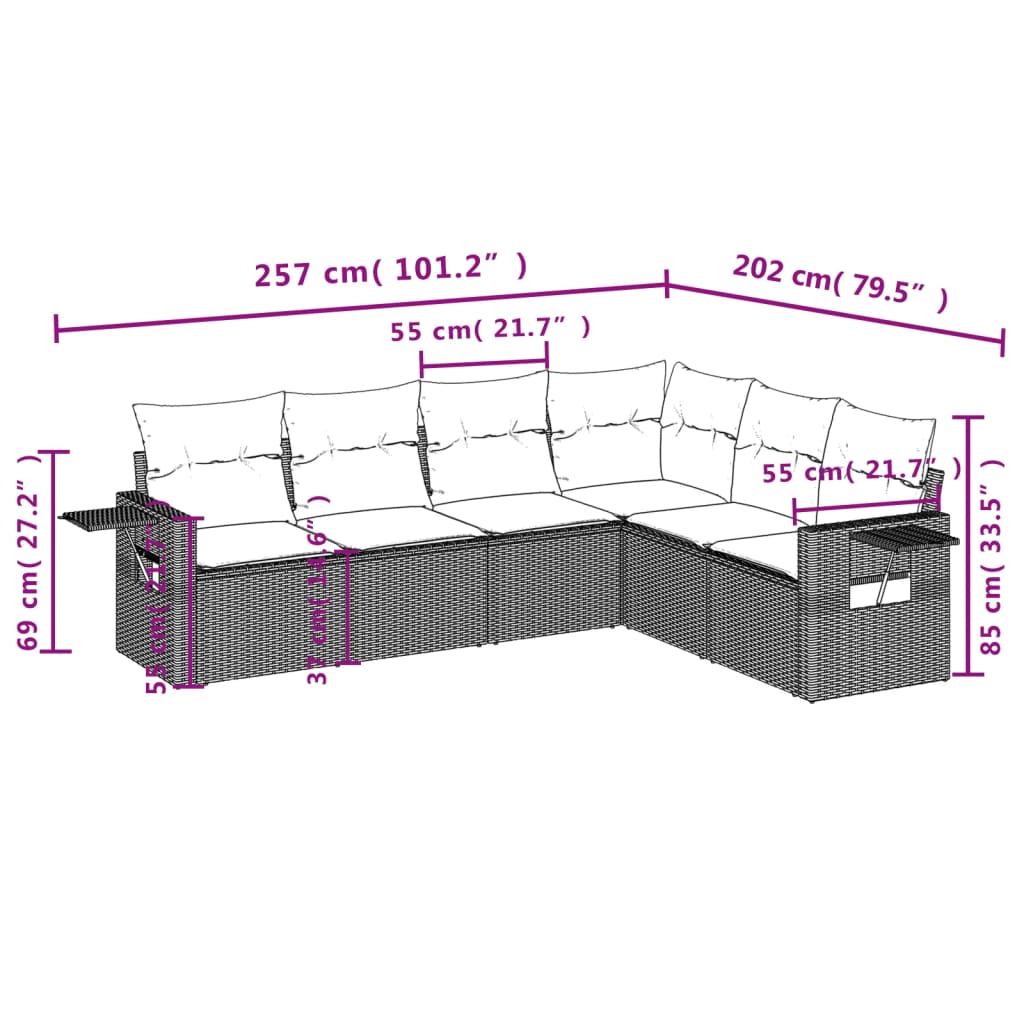 6-Delige Loungeset Met Kussens Poly Rattan Grijs