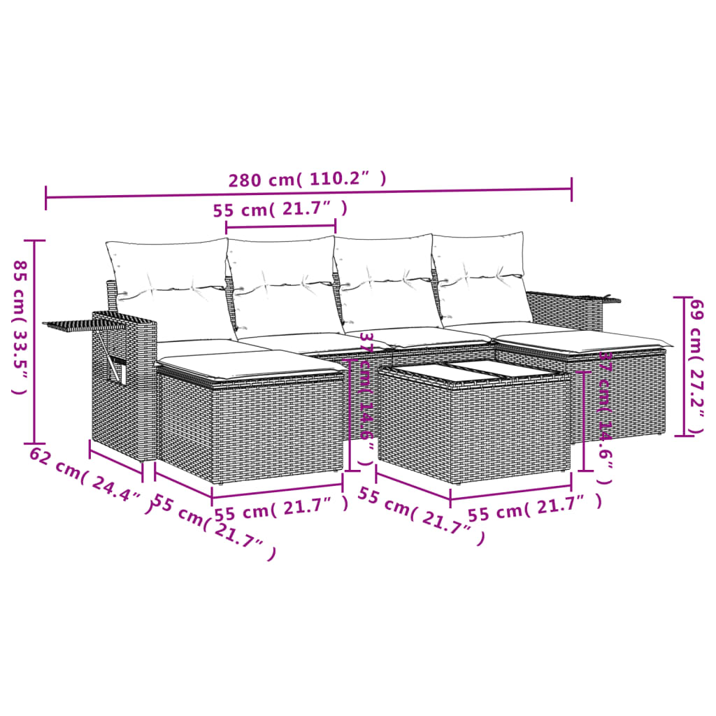 7-Delige Loungeset Met Kussens Poly Rattan Grijs