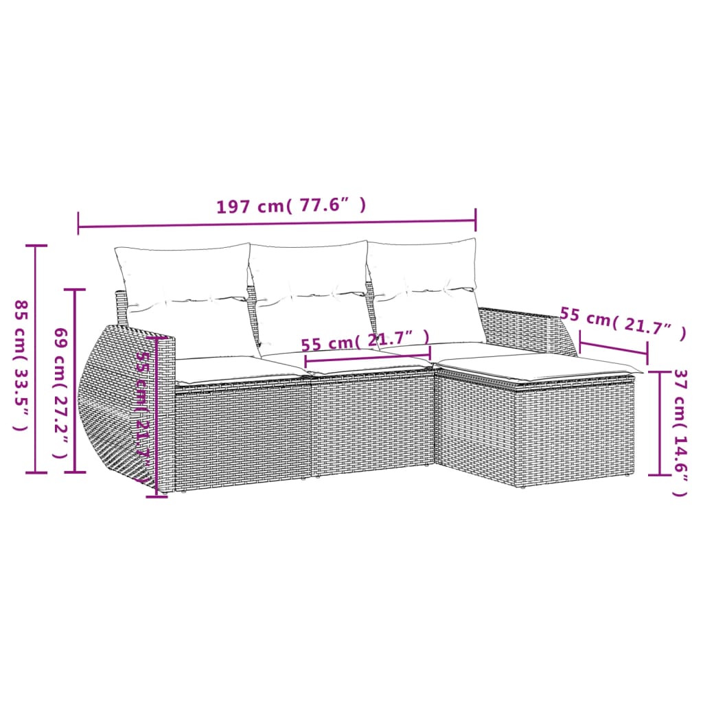4-Delige Loungeset Met Kussens Poly Rattan Grijs