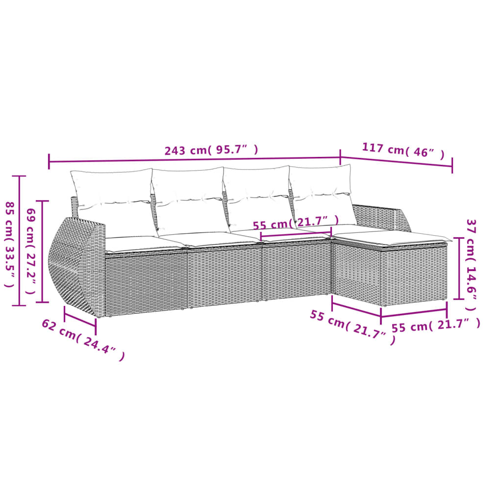 5-Delige Loungeset Met Kussens Poly Rattan Grijs