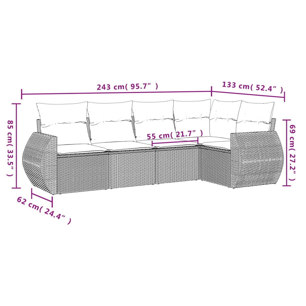5-Delige Loungeset Met Kussens Poly Rattan Zwart