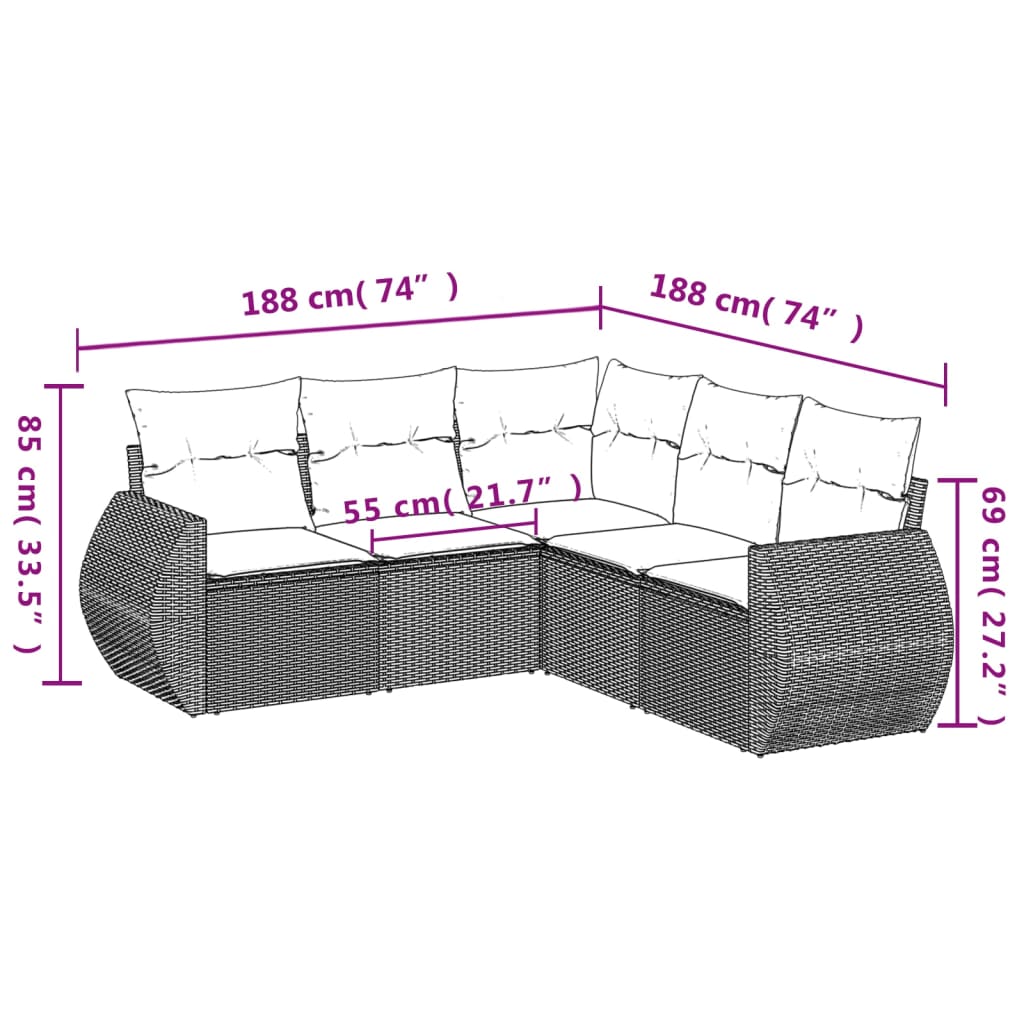 5-Delige Loungeset Met Kussens Poly Rattan Grijs
