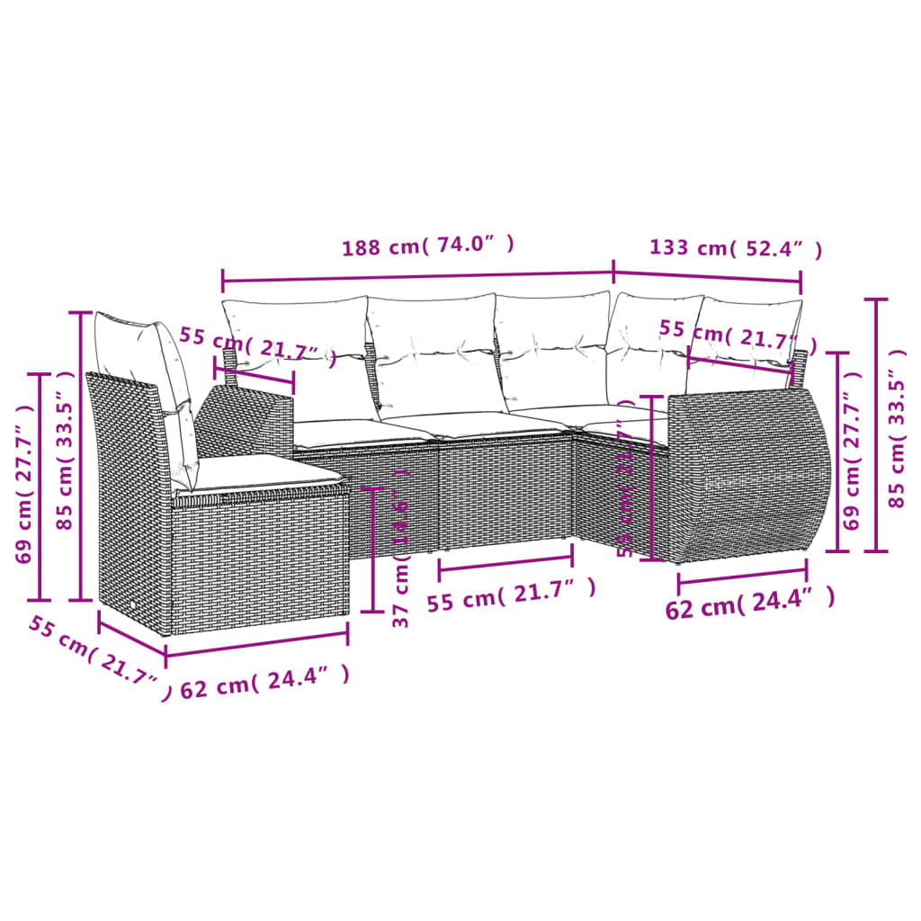 5-Delige Loungeset Met Kussens Poly Rattan Zwart