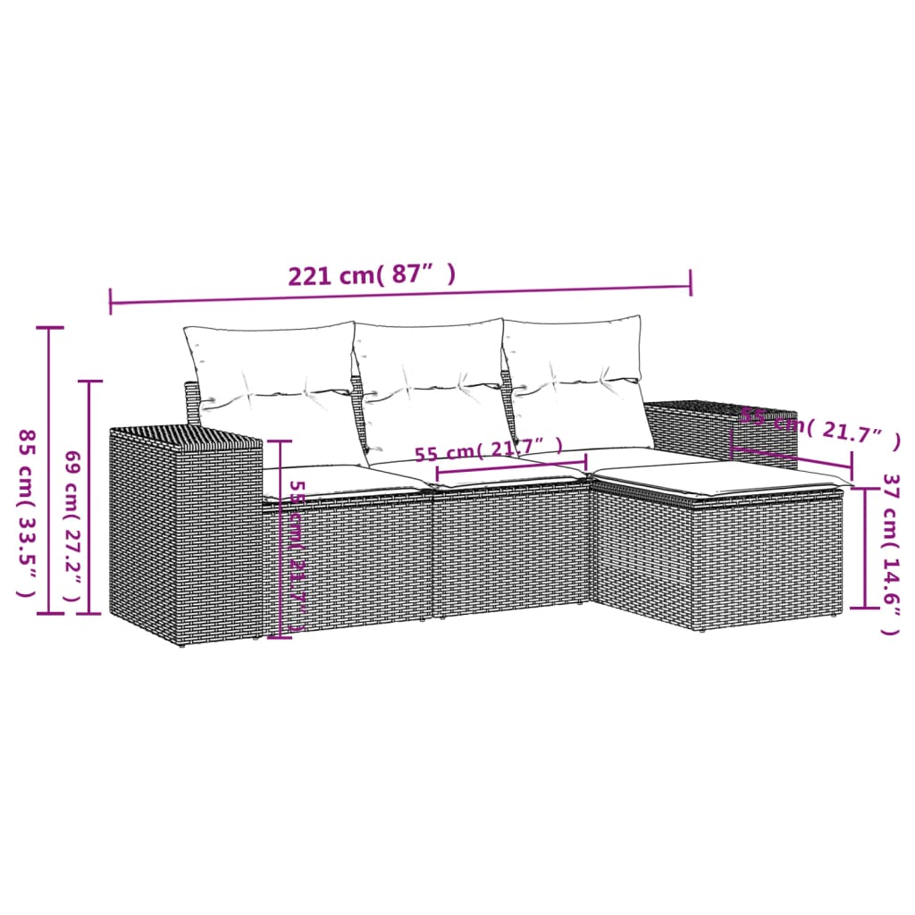 4-Delige Loungeset Met Kussens Poly Rattan Grijs