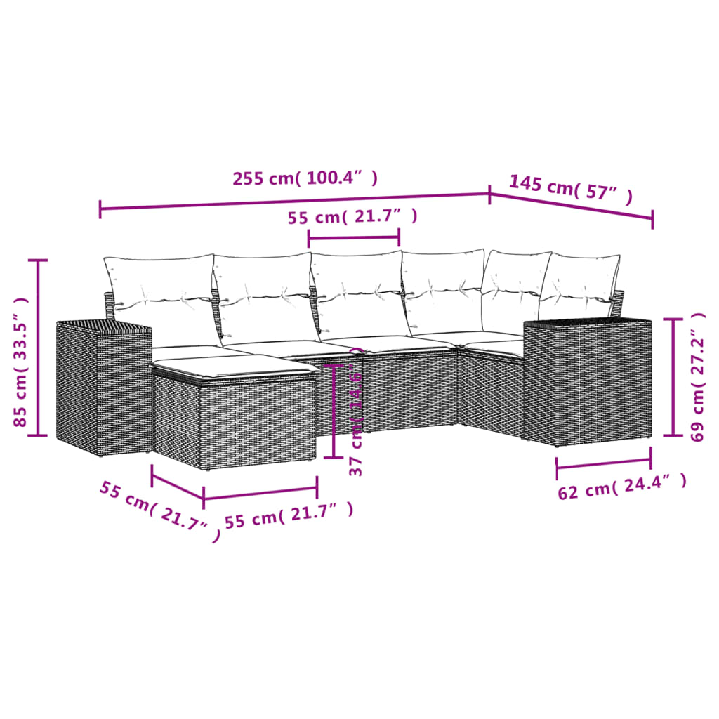 6-Delige Loungeset Met Kussens Poly Rattan Grijs