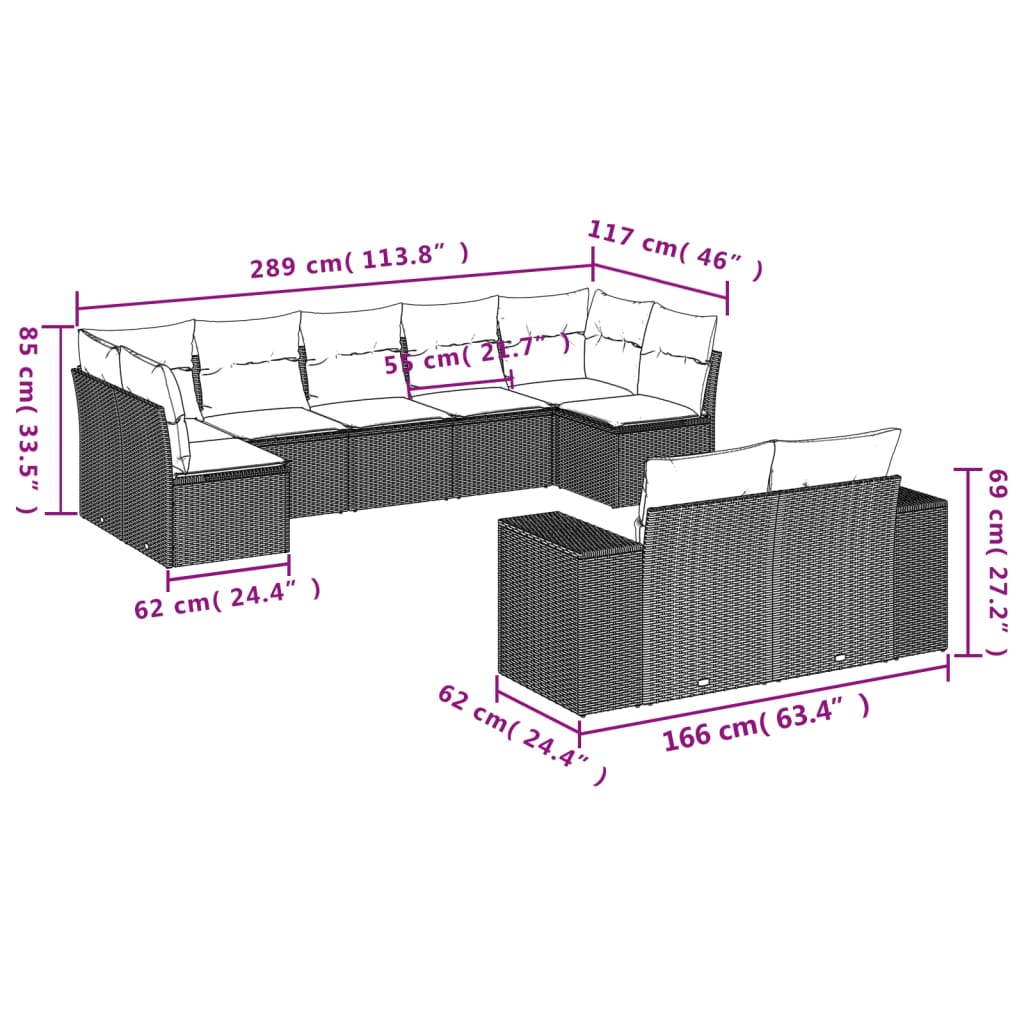 9-Delige Loungeset Met Kussens Poly Rattan Grijs