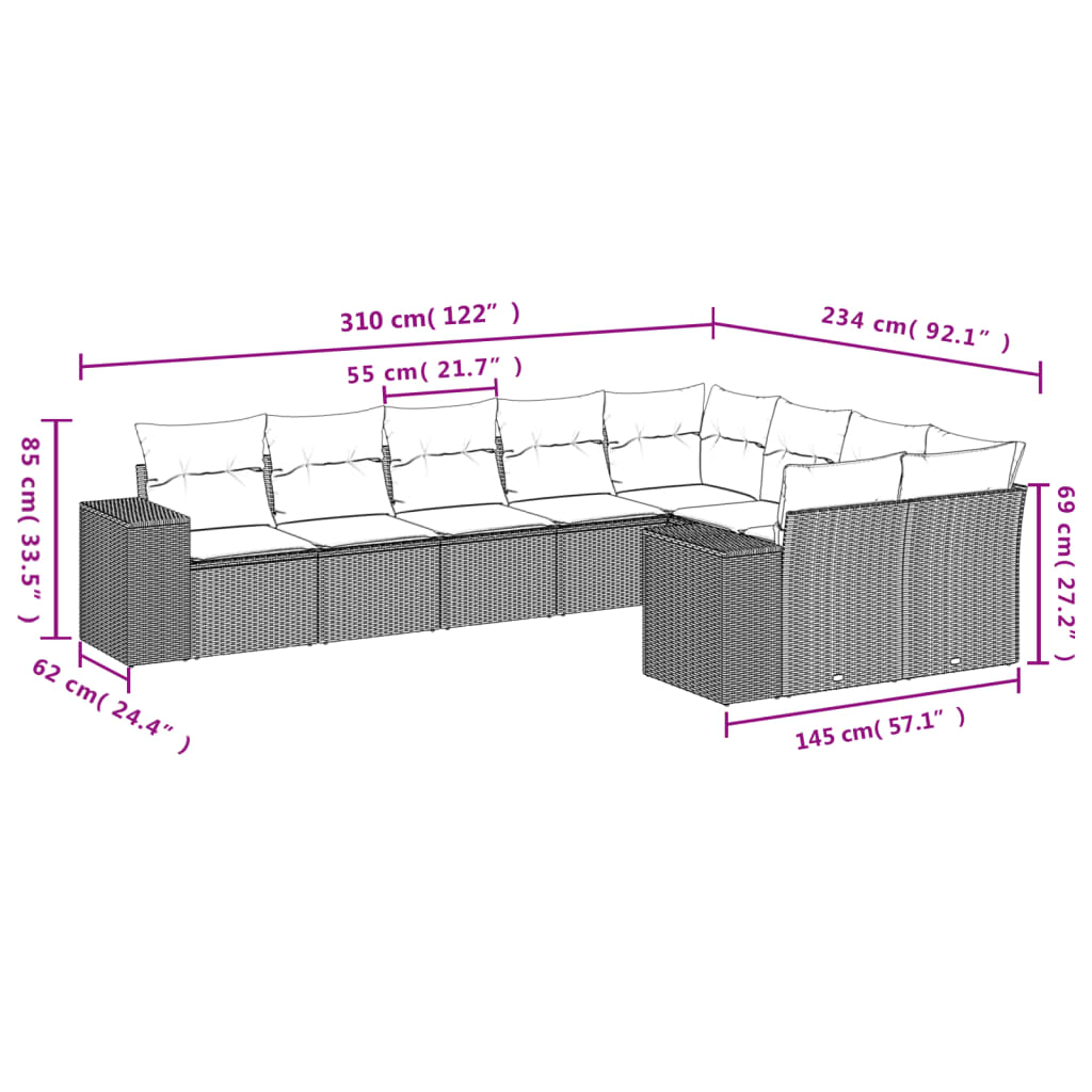 9-Delige Loungeset Met Kussens Poly Rattan Zwart