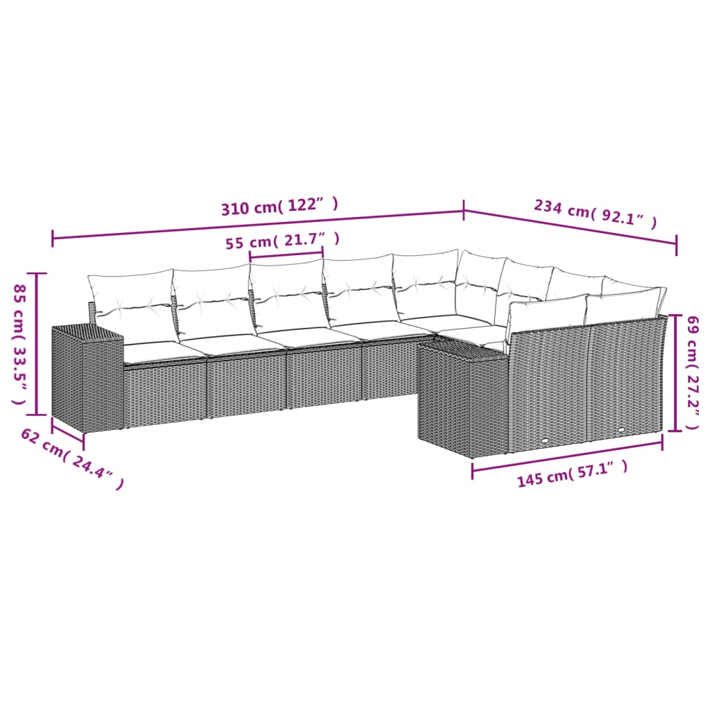 9-Delige Loungeset Met Kussens Poly Rattan Grijs