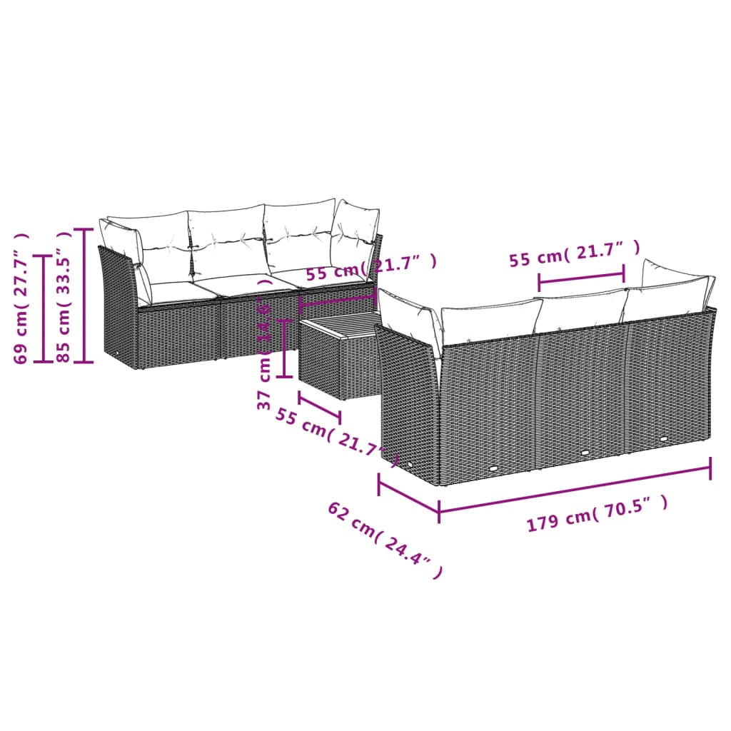 7-Delige Loungeset Met Kussens Poly Rattan Grijs