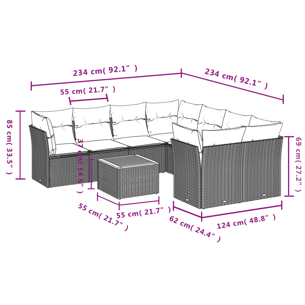 9-Delige Loungeset Met Kussens Poly Rattan Grijs