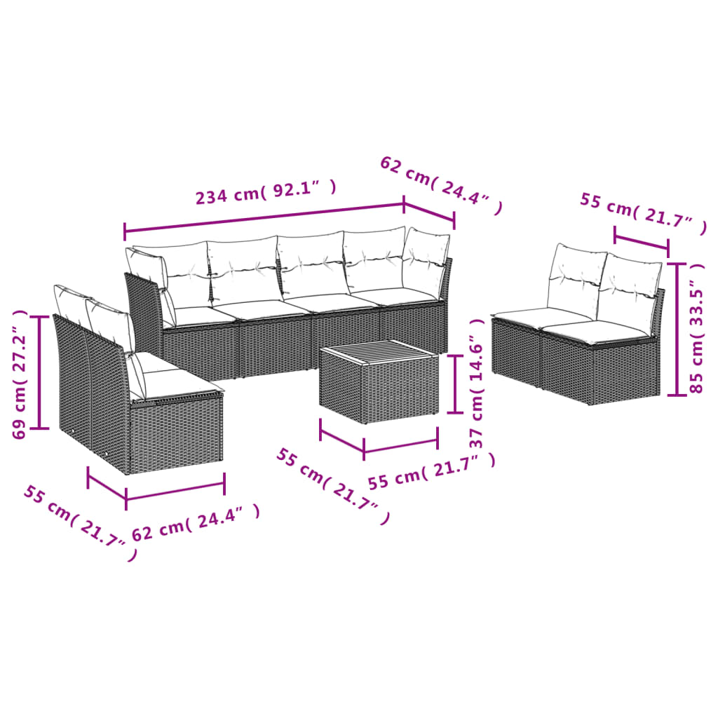 9-Delige Loungeset Met Kussens Poly Rattan Grijs
