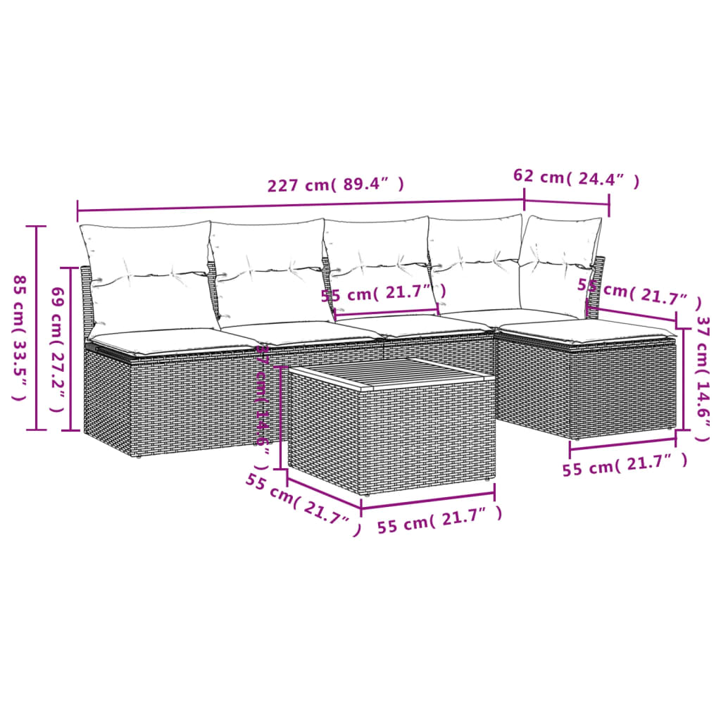 6-Delige Loungeset Met Kussens Poly Rattan Grijs