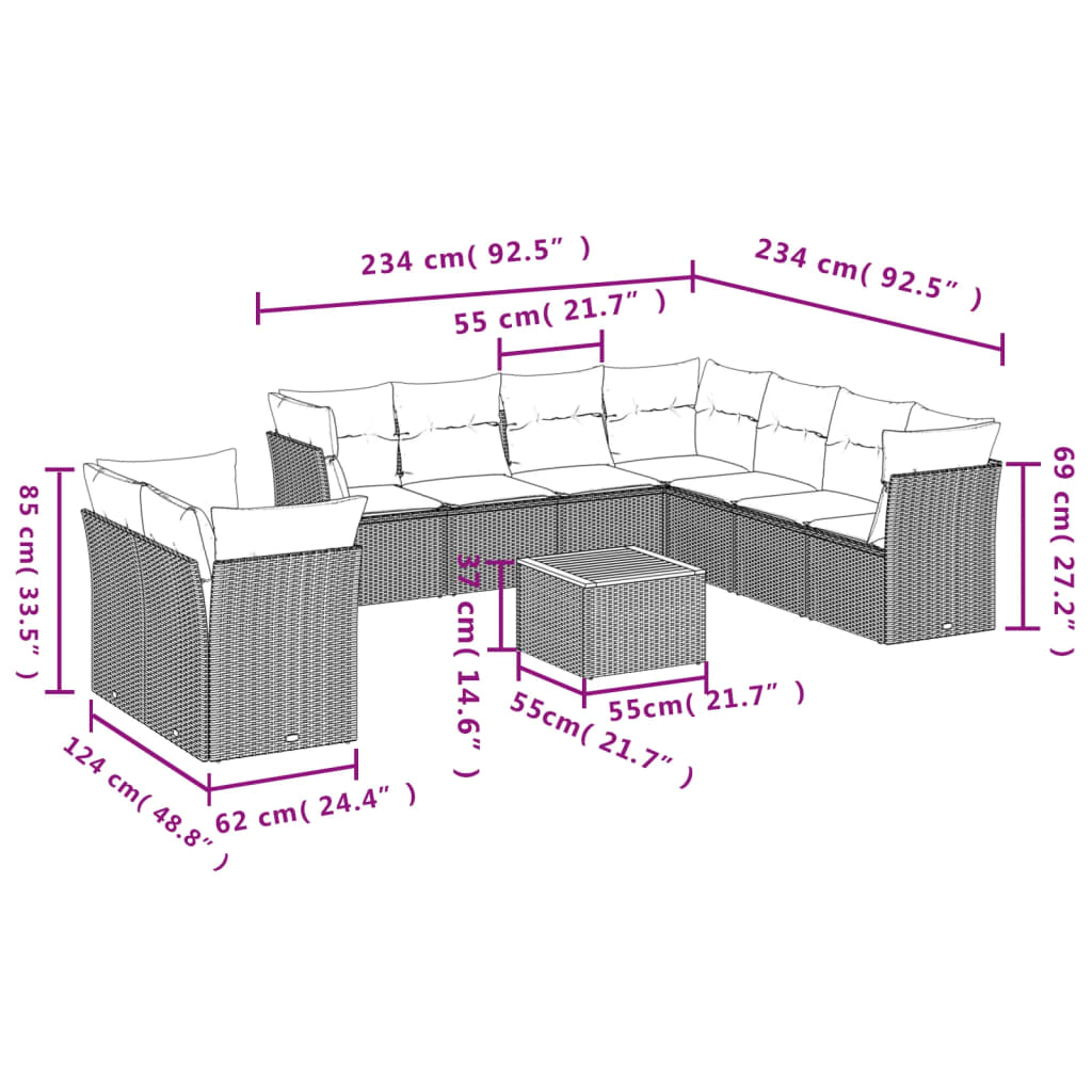 11-Delige Loungeset Met Kussens Poly Rattan Grijs