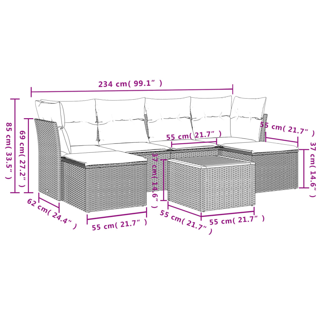 7-Delige Loungeset Met Kussens Poly Rattan Grijs