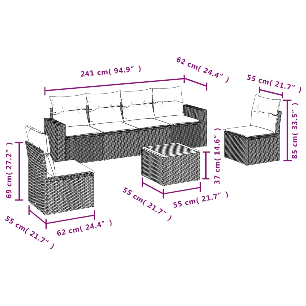 7-Delige Loungeset Met Kussens Poly Rattan Grijs