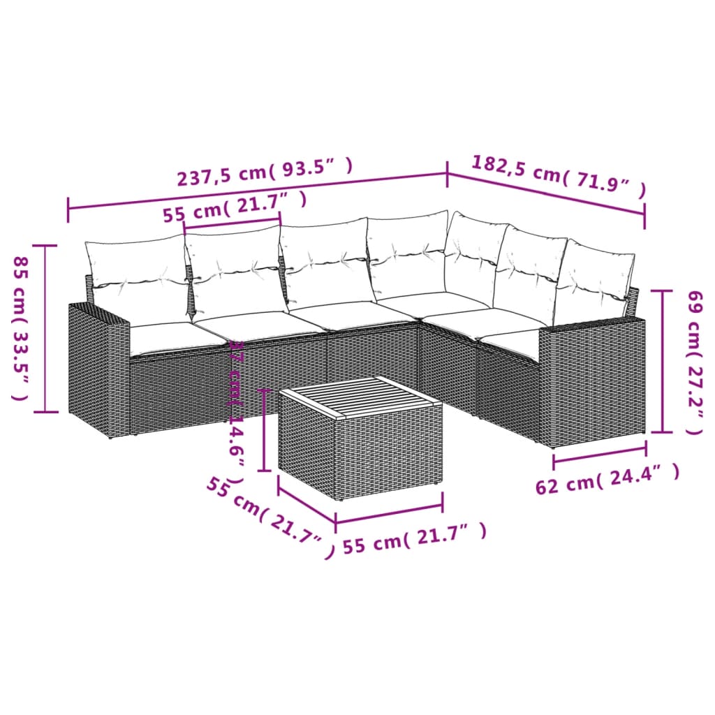 7-Delige Loungeset Met Kussens Poly Rattan Grijs