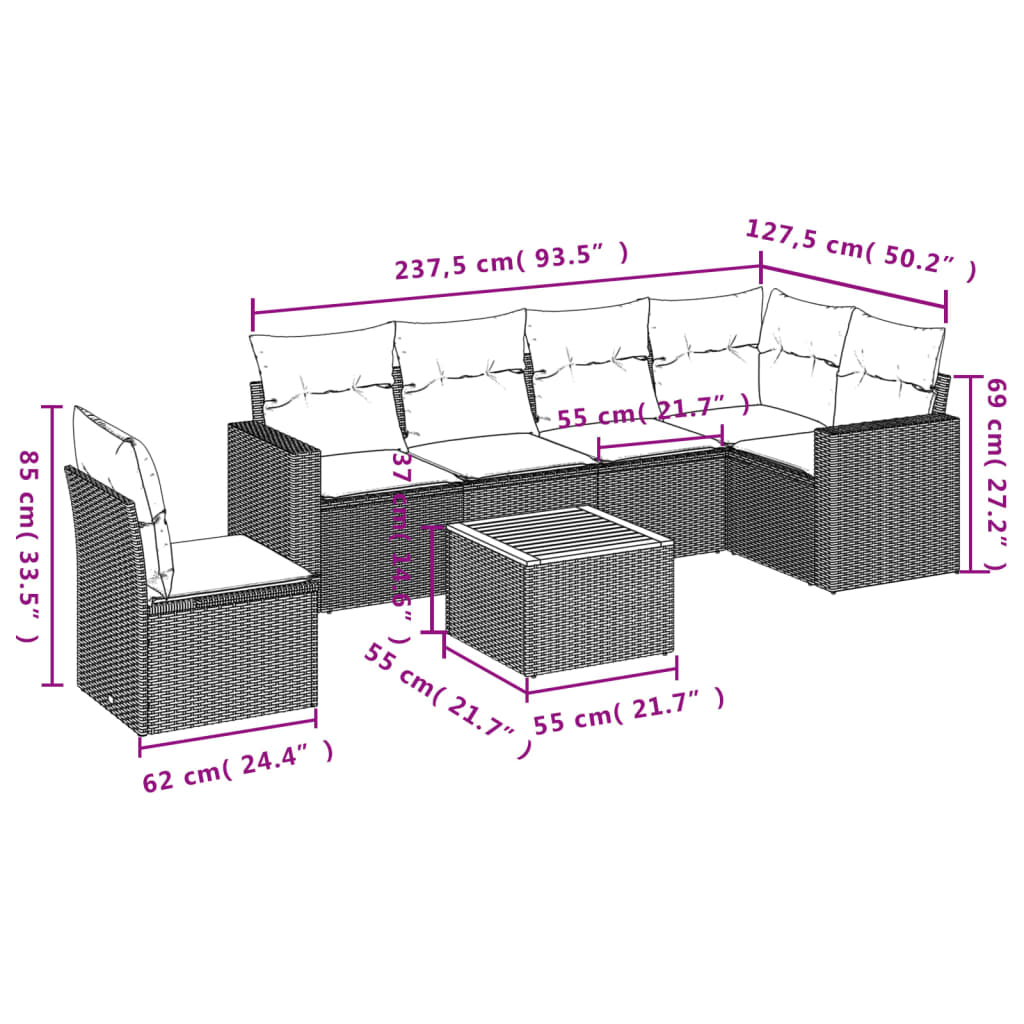 7-Delige Loungeset Met Kussens Poly Rattan Grijs