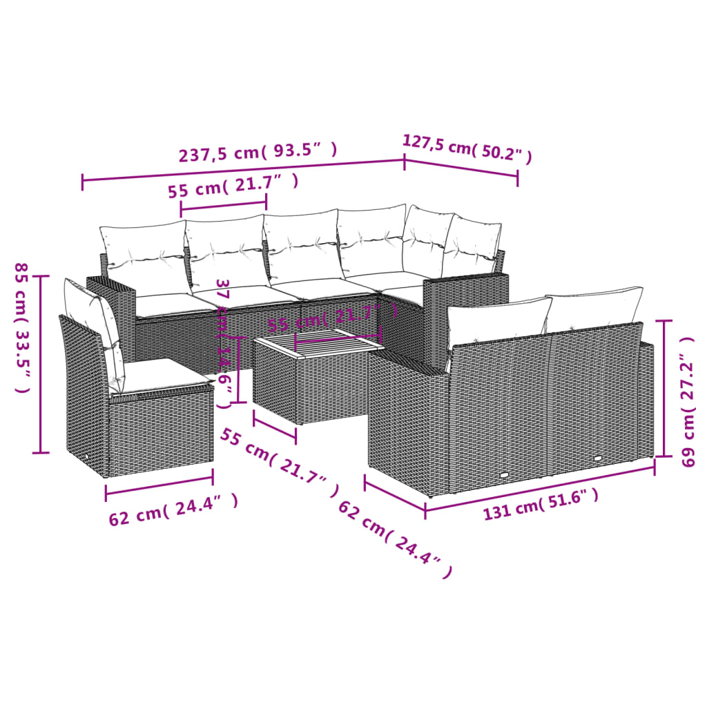 9-Delige Loungeset Met Kussens Poly Rattan Zwart