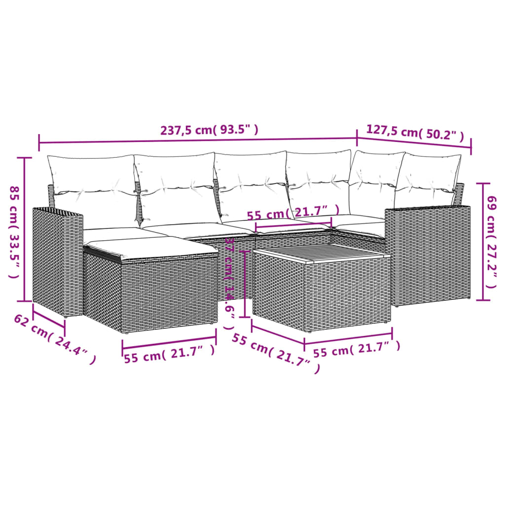 7-Delige Loungeset Met Kussens Poly Rattan Grijs