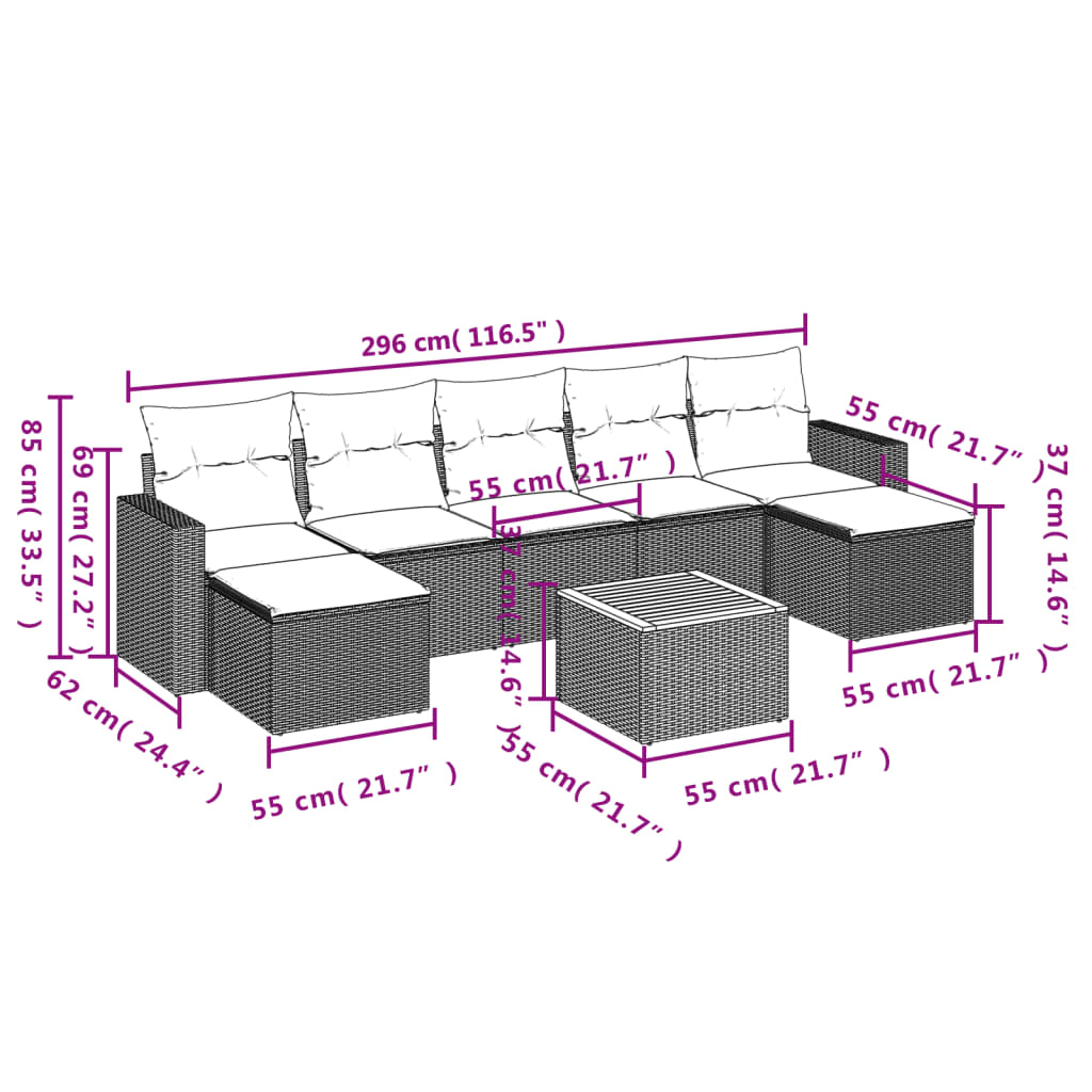8-Delige Loungeset Met Kussens Poly Rattan Grijs